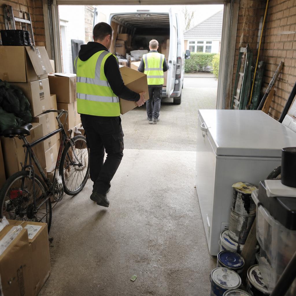 Clearance crew carrying boxes from a cluttered garage with an old bike, chest freezer and paint tins during a garage clearance