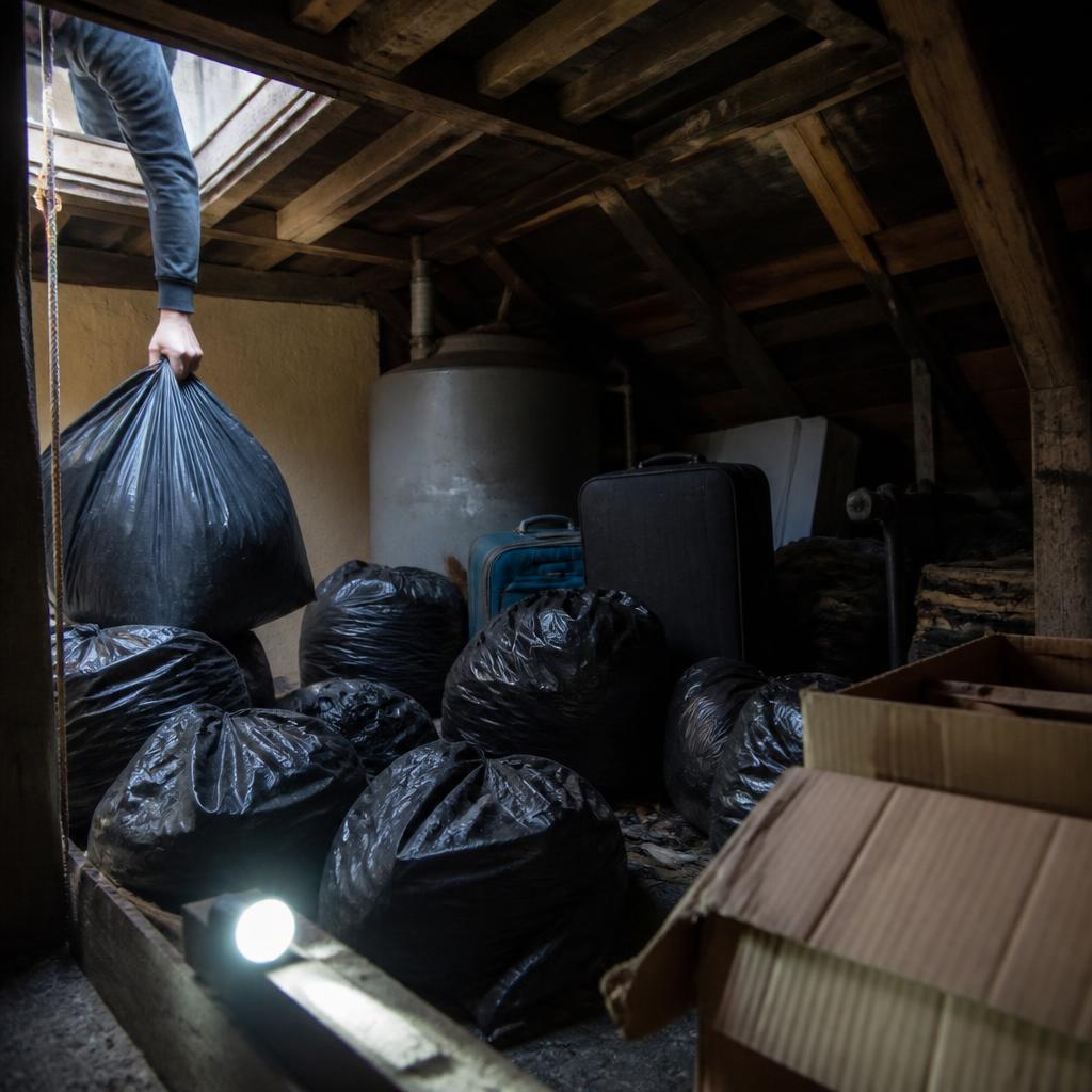 Dim loft space full of bin bags, suitcases and an old water tank being emptied during a loft clearance