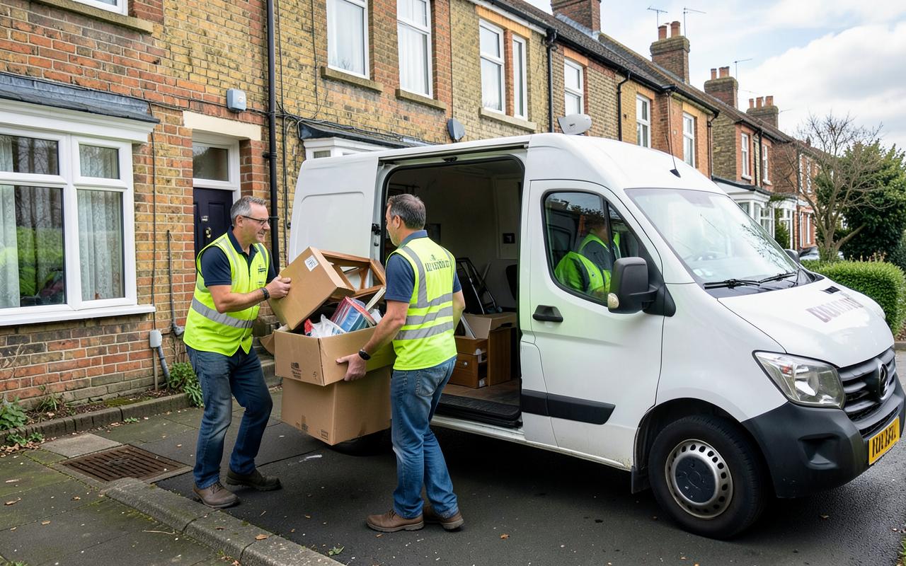 LoadUp crew carrying boxes and old furniture out of a terraced house during a house clearance in Liverpool
