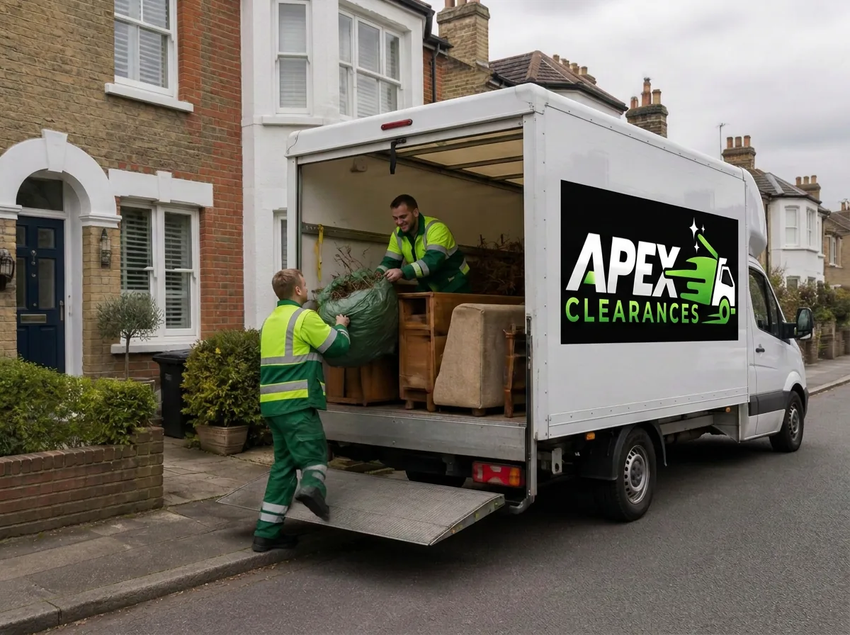 LoadUp Liverpool crew loading furniture and garden waste into a green and yellow removal van