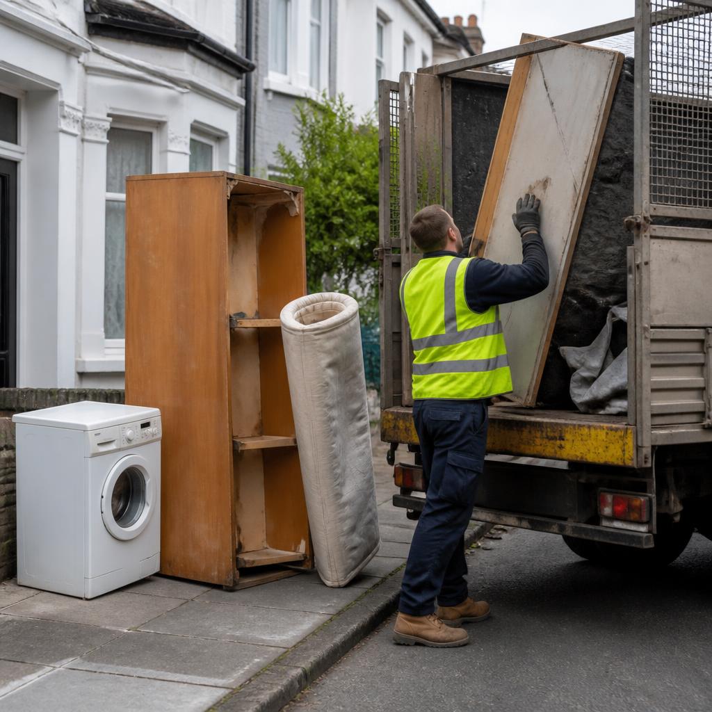 Old washing machine, rolled mattress and broken wardrobe being loaded onto a tipper van for bulky item collection