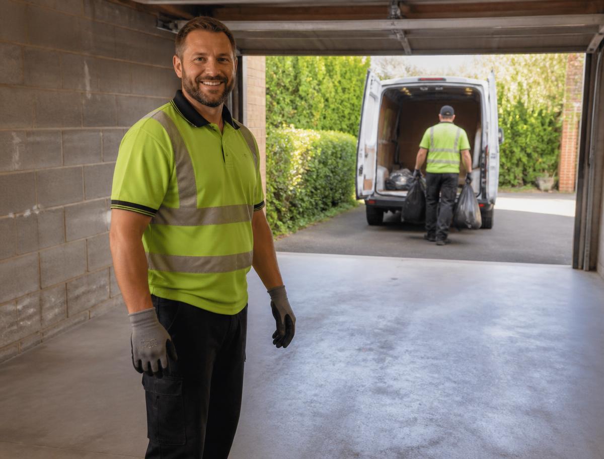 LoadUp Liverpool crew member in a cleared domestic garage with a swept floor while a colleague loads bags into the van