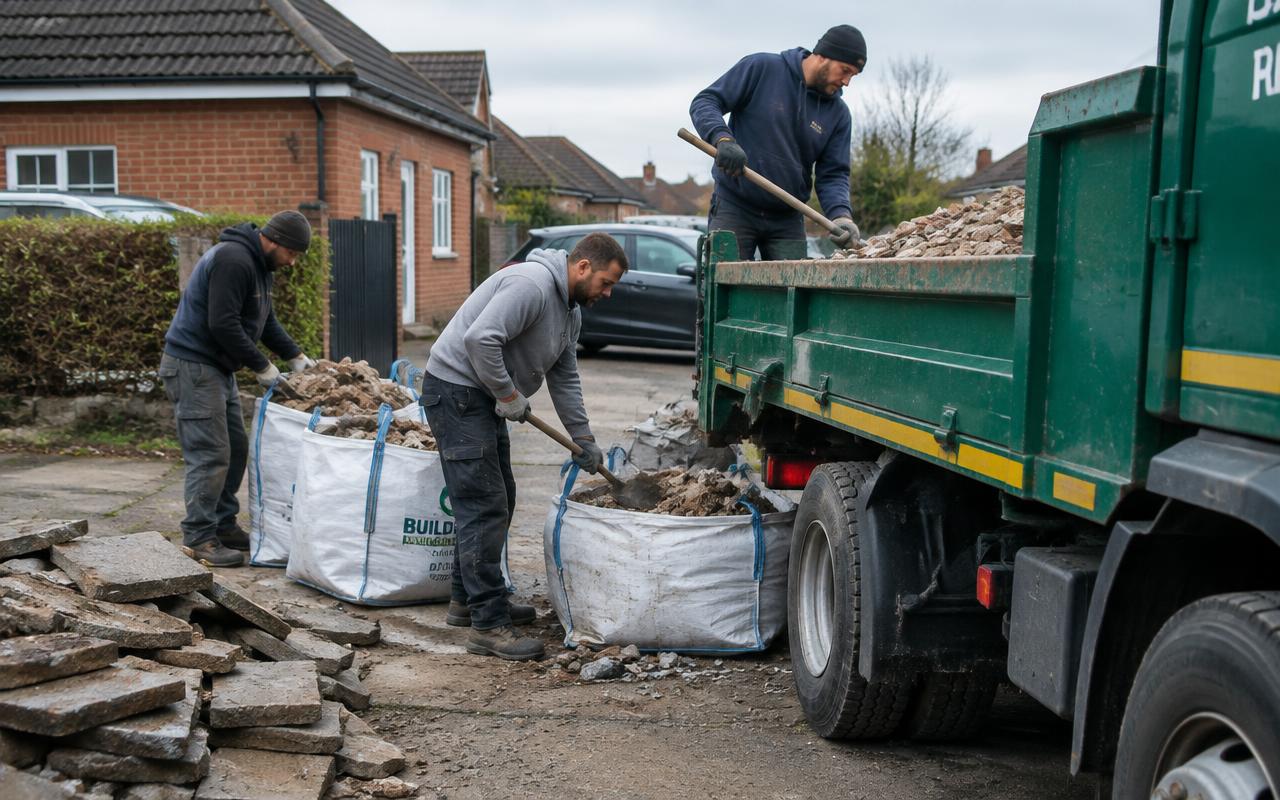 Crew shovelling bricks, concrete and rubble from bulk bags into a green tipper truck during a rubble removal