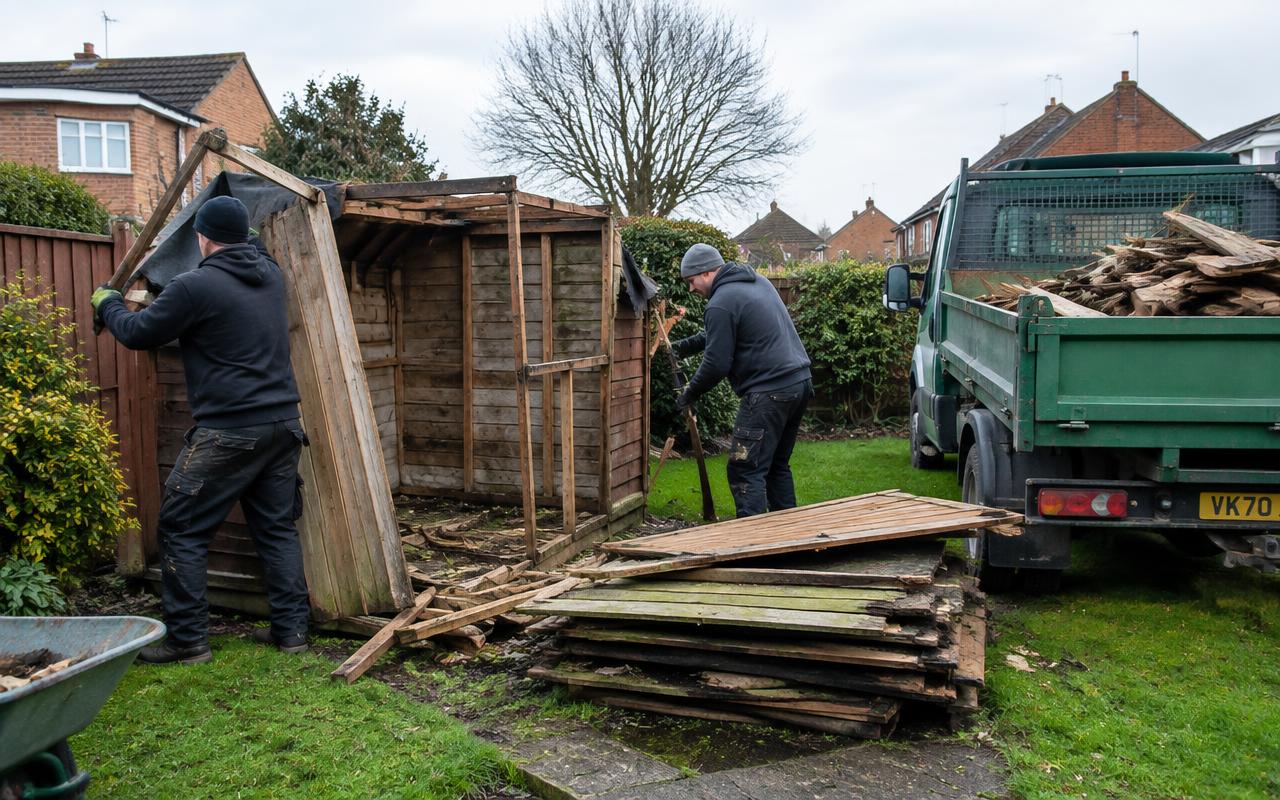 Two workers dismantling a rotten wooden garden shed with panels stacked beside a green tipper van during a shed clearance