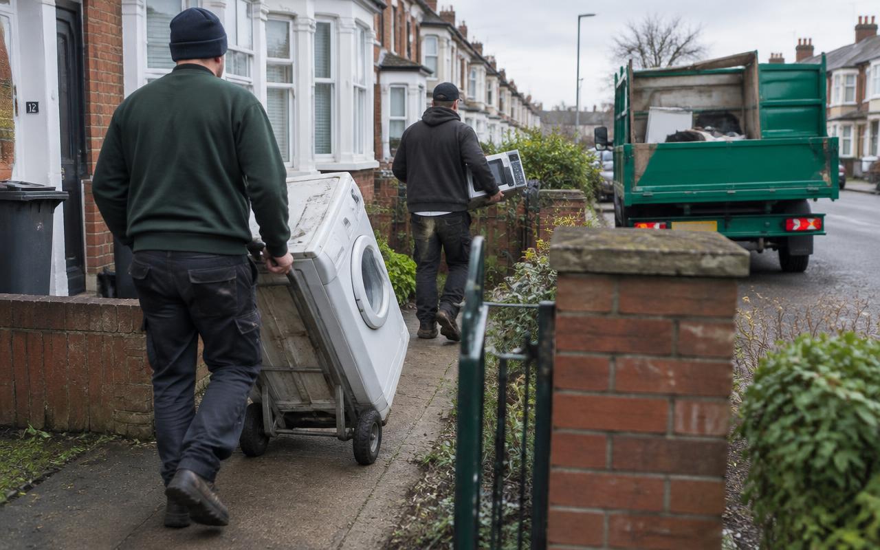 Workman wheeling an old washing machine on a sack truck to a green tipper van during a white goods and appliance removal